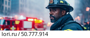 A firefighter's resolute gaze amidst an urban emergency. Стоковое AI-изображение, AI-художник Данила Большаков / Фотобанк Лори
