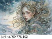 A fantastic watercolor illustration of a mysterious girl against a snowy landscape. Her long curly hair blends with the frosty air, as if woven from wind, clouds and snow. Her gaze is calm and deep, and her figure partially dissolves in iridescent pastel shades - from blue and gray-green to golden beige. The image is reminiscent of the spirit of winter, a fairy-tale guardian of nature or a mythical goddess of cold. The illustration radiates poetry, sophistication and magic. Стоковое AI-изображение, AI-художник Анна Кривицкая / Фотобанк Лори
