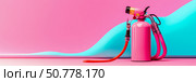 Pink Fire Extinguisher on Abstract Background: A vibrant, stylized depiction of a pink fire extinguisher against a backdrop of pink and cyan waves. Стоковое AI-изображение, AI-художник Данила Большаков / Фотобанк Лори