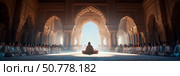 Enlightened Figure Meditating in Ancient Palace: A Serene Gathering of People. Стоковое AI-изображение, AI-художник Данила Большаков / Фотобанк Лори