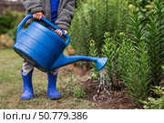 A cute boy with a blue watering can is watering plants and flowers in a summer garden outdoors. The concept of gardening and teaching a child to work. Стоковое фото, фотограф Photojuli / Фотобанк Лори