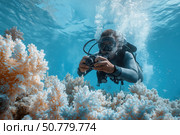 Underwater Exploration: A Diver Capturing the Vibrant Colors of Coral Reefs with a Camera in the Serene Blue Ocean Environment. Стоковое фото, фотограф Башкирова Анна / Фотобанк Лори