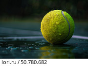 Wet tennis ball resting on a court after rain shower. Стоковое AI-изображение, AI-художник Иван Рябоконь / Фотобанк Лори