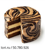 Delicious mocha swirl cake showing three layers on white background. Стоковое AI-изображение, AI-художник Иван Рябоконь / Фотобанк Лори