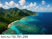 Breathtaking Aerial View of Lush Green Mountains Overlooking Turquoise Ocean Waters with Gentle Waves and Scenic Shoreline. Стоковое AI-изображение, AI-художник Башкирова Анна / Фотобанк Лори