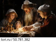 Digital illustration in the style of Renaissance painting: an old man with a long gray beard teaches two children, seated on either side of him, at a table strewn with antique gold objects and glowing objects. Their faces are illuminated by a warm soft light, creating an atmosphere of mystery, wisdom and magic. The image conveys a sense of knowledge transfer, magic and spiritual connection between generations. Suitable for themes of education, mentoring, history and fairy-tale aesthetics. Стоковое AI-изображение, AI-художник Анна Кривицкая / Фотобанк Лори
