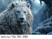 A fantastic image of a majestic white lion with a thick mane against a snowy landscape. The animal's gaze is piercing and wise, like that of an ancient guardian. Light snowfall, cold shades of blue and icy architecture emphasize the atmosphere of magic and power. This art is perfect for fantasy illustrations, fairy tales, games and book covers. Стоковое AI-изображение, AI-художник Анна Кривицкая / Фотобанк Лори