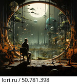 A fantastic scene: a man sits on a chair at the edge of a giant round window looking out onto a mysterious alien world. Outside the window is a surreal landscape with many flying planets, glowing spheres, futuristic towers and bizarre trees. The atmosphere is filled with a magical glow, creating a sense of mystery, loneliness and cosmic reflection. The painting seems to invite the viewer to think about the infinity of the Universe and the place of man in it. Стоковое AI-изображение, AI-художник Анна Кривицкая / Фотобанк Лори