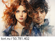 Watercolor portrait of a young woman with red wavy hair and expressive blue eyes next to a man with dark hair and a calm look. The background is made using the technique of artistic splashes and soft washes, creating a sense of movement and emotional depth. The image of the couple symbolizes romance, youth, intimacy and sensitivity. The illustration is made in a realistic style with elements of watercolor fantasy, suitable for the themes of love, relationships, fashion and art. Стоковое AI-изображение, AI-художник Анна Кривицкая / Фотобанк Лори