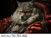 A luxurious artistic portrait of a cat, stylized as a royal person or a monarch. A large fluffy cat with an expressive muzzle sits on a throne, dressed in a magnificent outfit with gold and pearl jewelry. Attention to detail in the decoration of the costume emphasizes the richness and grandeur of the image. Soft lighting emphasizes the aristocratic posture of the animal and gives the scene a dramatic, almost baroque character. The picture is ideal for themes of humor, luxury and anthropomorphic images of animals. Стоковое AI-изображение, AI-художник Анна Кривицкая / Фотобанк Лори