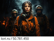A dramatic scene with a group of rescuers in bright orange suits in an emergency, probably fighting a fire. In the foreground is a determined female rescuer with a radio, helmet and gas mask, with two colleagues behind her. The dark background with flashes of fire and smoke highlights the tension of the moment. The image symbolizes heroism, dedication and fortitude. Suitable for themes related to emergency services, firefighters, rescue operations and crisis situations. Стоковое AI-изображение, AI-художник Анна Кривицкая / Фотобанк Лори