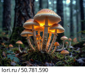 A group of mushrooms are lit up in the dark forest. Стоковое AI-изображение, AI-художник Ярославский Максим / Фотобанк Лори