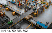 Large Production Line with Industrial Robot Arms at Modern Bright Factory. Smart factory interior with conveyor belts and autonomous machines. Automated Manufacturing Facility. Стоковое AI-изображение, AI-художник ALLA YURTAYEVA / Фотобанк Лори