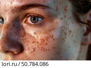 Young woman showing her freckles and acne skin problem. Стоковое AI-изображение, AI-художник Иван Рябоконь / Фотобанк Лори