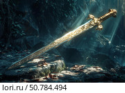 Ornate fantasy sword resting on rock in lush jungle. Стоковое AI-изображение, AI-художник Иван Рябоконь / Фотобанк Лори