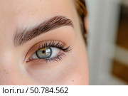 Beautician showing perfect eyebrows after lamination treatment. Стоковое AI-изображение, AI-художник Иван Рябоконь / Фотобанк Лори