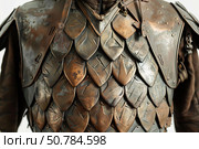 Medieval warrior wearing copper scale armor is preparing for battle. Стоковое AI-изображение, AI-художник Иван Рябоконь / Фотобанк Лори