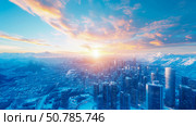 Aerial View of a Snowy City at Sunset with Mountain Background. Стоковое AI-изображение, AI-художник Данила Большаков / Фотобанк Лори
