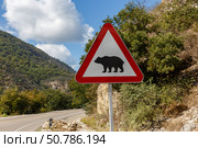 Warning bear sign on Gorgan Bojnord road in Golestan National Park, Iran. Стоковое фото, фотограф Михаил Пряхин / Фотобанк Лори