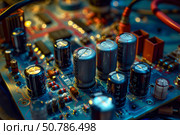 Electrolytic capacitors and resistors populating surface of circuit board. Стоковое AI-изображение, AI-художник Иван Рябоконь / Фотобанк Лори