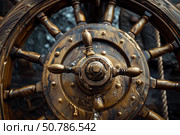 Close up of ship steering wheel showing nautical control and maritime history. Стоковое AI-изображение, AI-художник Иван Рябоконь / Фотобанк Лори