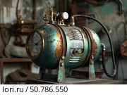 Retrofuturistic steampunk device showing pressure gauge and analog display in workshop. Стоковое AI-изображение, AI-художник Иван Рябоконь / Фотобанк Лори