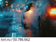 Cars emitting polluting exhaust gas in traffic jam at night. Стоковое AI-изображение, AI-художник Иван Рябоконь / Фотобанк Лори
