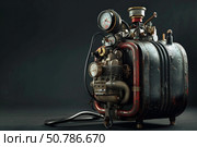 Steampunk futuristic jetpack machine generating power with steam engine and pressure gauges. Стоковое AI-изображение, AI-художник Иван Рябоконь / Фотобанк Лори