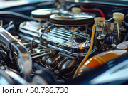 Powerful v8 engine compartment showing mechanical components. Стоковое AI-изображение, AI-художник Иван Рябоконь / Фотобанк Лори