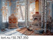 Atmospheric winter interior illustration with elements of fairy-tale style. The image shows a cozy room with a richly decorated stove, ceramics and carved ornament. Outside the windows is a snow-covered forest, through which soft sunlight breaks through. Birch trees grow in the room, as if nature has entered the house, merging with the decorative patterns of the walls. The illustration is filled with warmth, coziness and a feeling of a magical winter fairy tale. Suitable for postcards, packaging, interior design, books and winter collections. Стоковое AI-изображение, AI-художник Анна Кривицкая / Фотобанк Лори