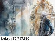 Watercolor illustration of an elegant elderly man in a formal suit of the 18th century. He stands at a majestic decorative portal with stucco and gilding, thoughtfully looking into the distance. Rich details of clothing and architecture are conveyed in a soft color scheme, with accents on blue, gold and cream. The painting conveys the atmosphere of a bygone era, nobility and old European aesthetics. Стоковое AI-изображение, AI-художник Анна Кривицкая / Фотобанк Лори