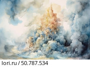 A watercolour fantasy illustration depicting a majestic castle seemingly floating in the clouds. The towers and domes of the architectural wonder are barely visible through the lush swirls of clouds, creating a sense of fairy tale, dream and magic. The colour palette is soft and airy - blue, cream and golden pink tones smoothly flow into each other. The image evokes the atmosphere of a utopia, a heavenly city or a castle on top of a myth. Стоковое AI-изображение, AI-художник Анна Кривицкая / Фотобанк Лори