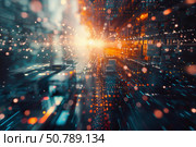 Futuristic server room accelerating through cyberspace with blurry lights. Стоковое AI-изображение, AI-художник Иван Рябоконь / Фотобанк Лори