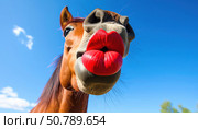 Horse with oversized red lips creates a humorous and surreal visual concept, playing with anthropomorphism and absurdity in animal portrait photography. Стоковое AI-изображение, AI-художник Ольга Сухарева / Фотобанк Лори