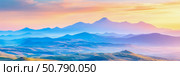 Serene Sunset Over Multi-hued Mountain Ranges: A Breathtaking Panorama. Стоковое фото, фотограф Данила Большаков / Фотобанк Лори