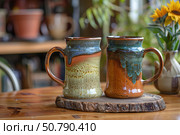 Two handmade ceramic mugs sitting on wooden charger in pottery workshop. Стоковое AI-изображение, AI-художник Иван Рябоконь / Фотобанк Лори