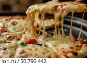 Hot pizza slice with melted cheese stretching from pizza tray. Стоковое AI-изображение, AI-художник Иван Рябоконь / Фотобанк Лори