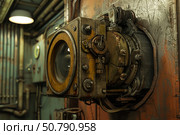 Rusty industrial security camera observing corridor in a retrofuturistic setting. Стоковое AI-изображение, AI-художник Иван Рябоконь / Фотобанк Лори