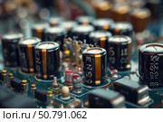 Electrolytic capacitors and resistors populating a circuit board. Стоковое AI-изображение, AI-художник Иван Рябоконь / Фотобанк Лори