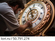 Clockmaker repairing antique clock mechanism in workshop. Стоковое AI-изображение, AI-художник Иван Рябоконь / Фотобанк Лори