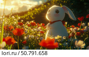 A white bunny in a red neckerchief amidst a field of red and white flowers at sunset. Стоковое AI-изображение, AI-художник Данила Большаков / Фотобанк Лори