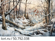 An atmospheric winter forest scene, done in watercolor or pastel. Leafless trees are covered with frost, fluffy snow lies on the ground, roots and stones are visible in places. Branches bend, as if frozen in motion, and in places, tufts of dry grass and reddish-brown leaves stick out among the snowy landscape, still clinging to the branches. The warm light of dawn or sunset creates a soft, meditative mood. Стоковое AI-изображение, AI-художник Анна Кривицкая / Фотобанк Лори