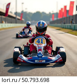 Go-kart racers on track in competitive race during sunny day event. Стоковое AI-изображение, AI-художник Александра Рублева / Фотобанк Лори