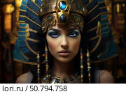 Fashion model posing as egyptian queen cleopatra in gold headdress. Стоковое AI-изображение, AI-художник Иван Рябоконь / Фотобанк Лори