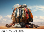 Clothes hanging from makeshift desert wardrobe symbolizing consumerism. Стоковое AI-изображение, AI-художник Иван Рябоконь / Фотобанк Лори