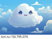 Happy cartoon cloud smiling in blue sky background. Стоковое AI-изображение, AI-художник Иван Рябоконь / Фотобанк Лори