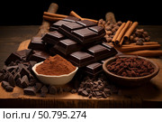 Chocolate bars, cocoa powder, cinnamon sticks, and nibs creating a delicious arrangement. Стоковое AI-изображение, AI-художник Иван Рябоконь / Фотобанк Лори