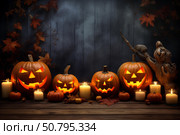 Glowing jack o' lanterns illuminating a spooky halloween scene. Стоковое AI-изображение, AI-художник Иван Рябоконь / Фотобанк Лори