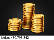 Stacks of shiny gold coins on dark background. Стоковое AI-изображение, AI-художник Иван Рябоконь / Фотобанк Лори