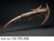 Fantasy glaive weapon resting on dark background. Стоковое AI-изображение, AI-художник Иван Рябоконь / Фотобанк Лори